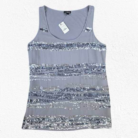 Express Silver Sequin Tank Top Glam Y2K Partywear Scoop Neck Tank Size Large - Picture 2 of 8
